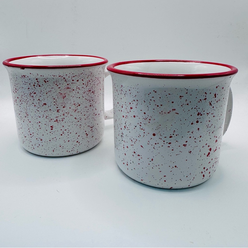 White Ceramic Campfire Mugs w/Red Specs And Red Rim, 15oz, Retro Granite Pattern